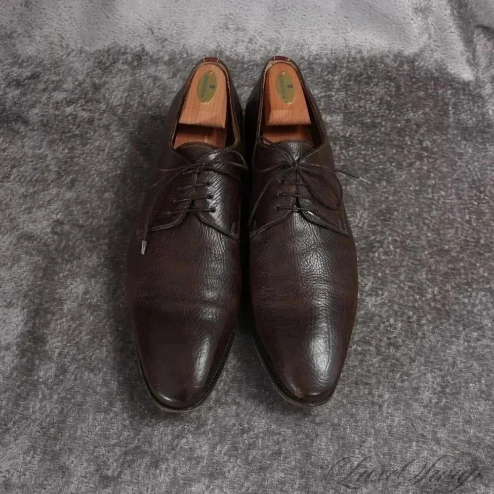 Santoni Grained Leather Burnished Espresso Derby Shoes 13 Made in Italy - Picture 6 of 10